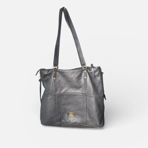 KOOBA Everette Tote Shoulder Bag Black Pebbled Leather Purse Striped Lining